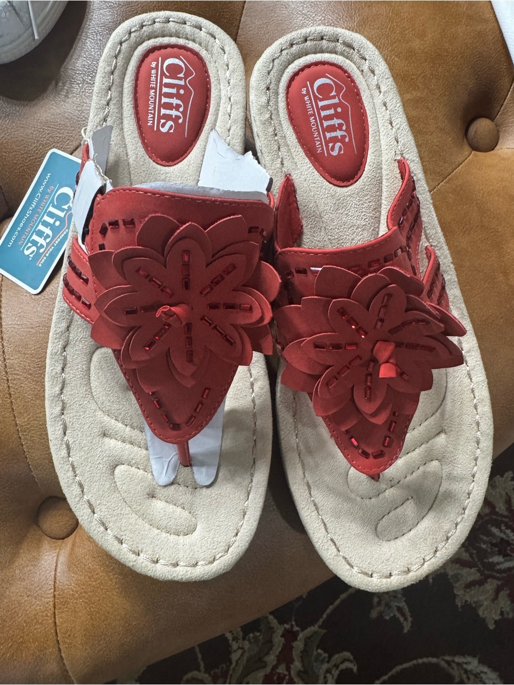 White Mountain Red Floral Thong Sandals with Decorative Petal Accent